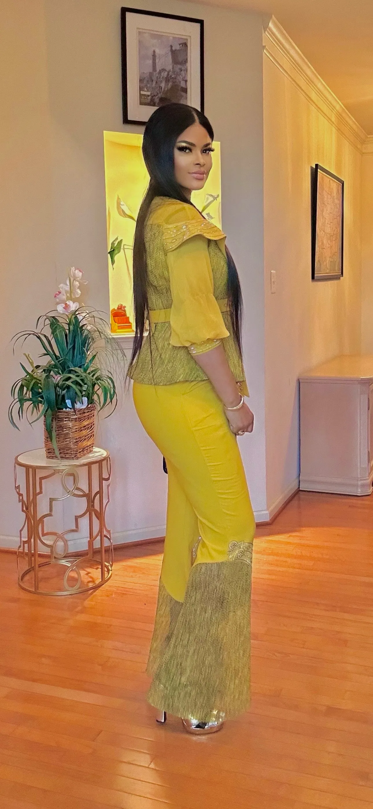 3PIECE SHORT SLEEVE- PALAZZO PANT SET(MUSTARD)