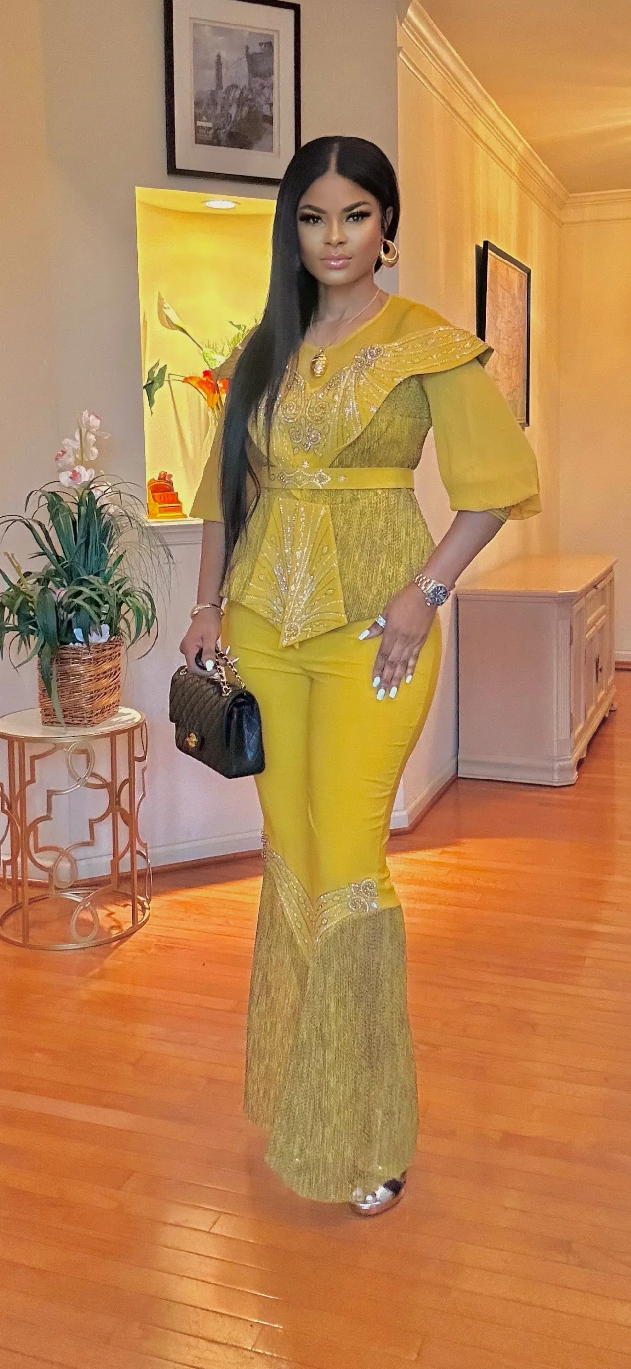 3PIECE SHORT SLEEVE- PALAZZO PANT SET(MUSTARD)