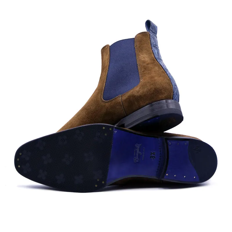 41-330-CGN AVVIO Sueded Goatskin & Crocodile Chelsea Boot, Cognac