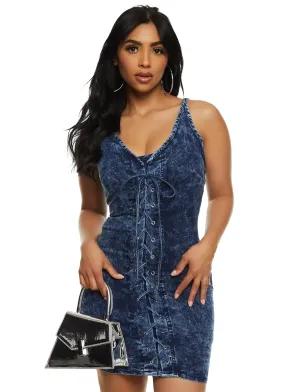 Acid Wash Lace Up Denim Dress