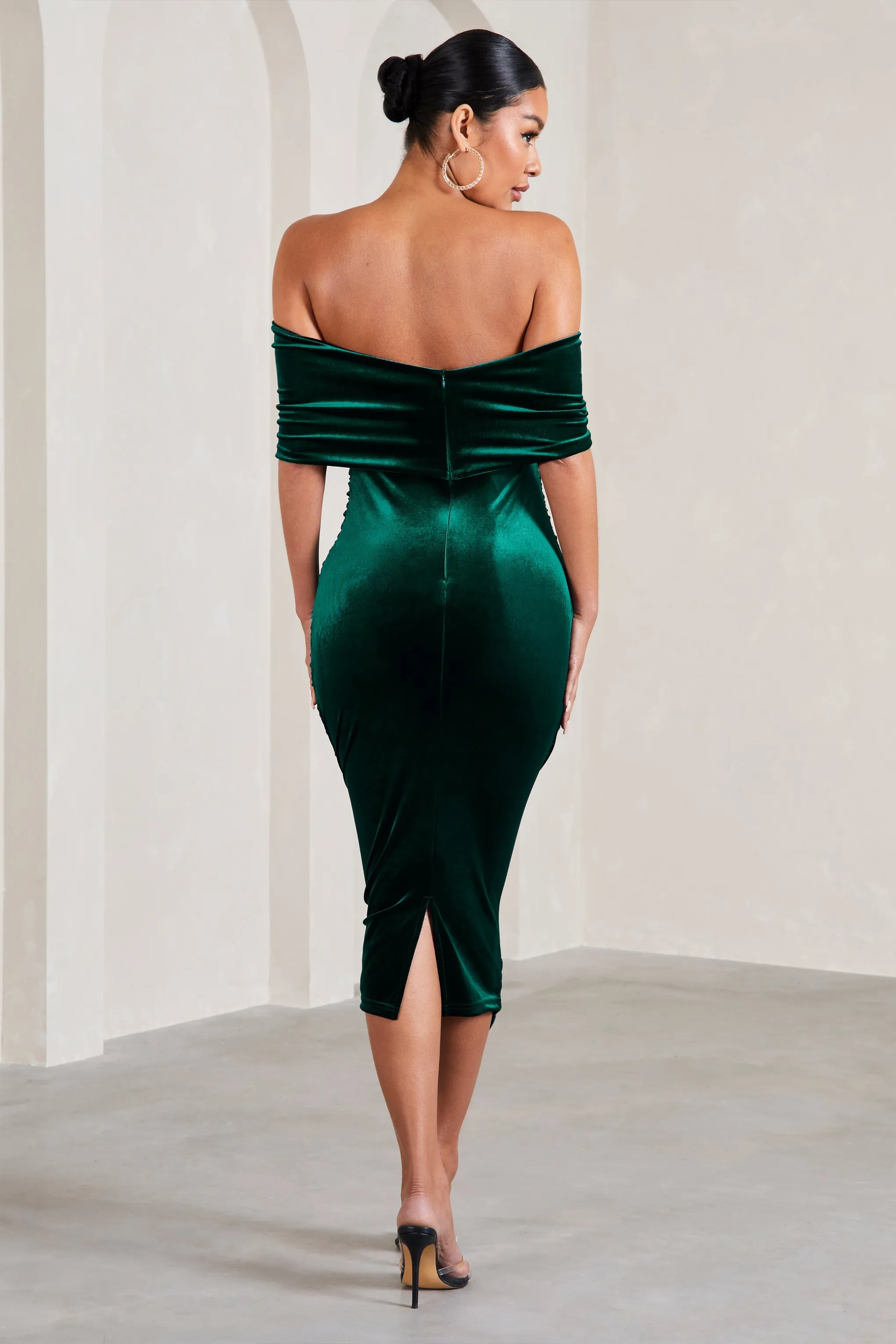 Alyssa | Bottle Green Velvet Maternity Bardot Bow Maternity Midi Dress with Ruching