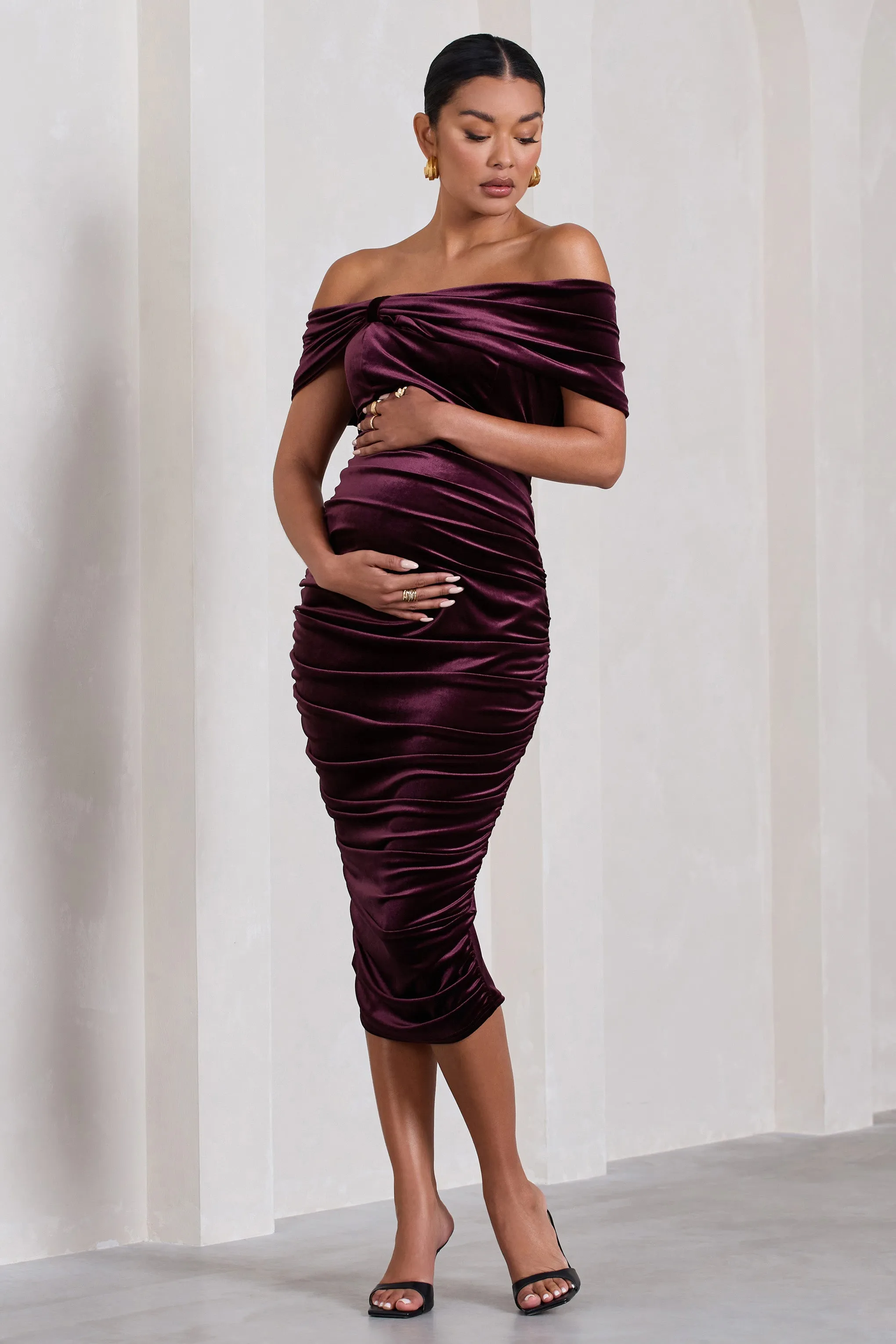 Alyssa | Port Velvet Maternity Bardot Bow Maternity Midi Dress with Ruching