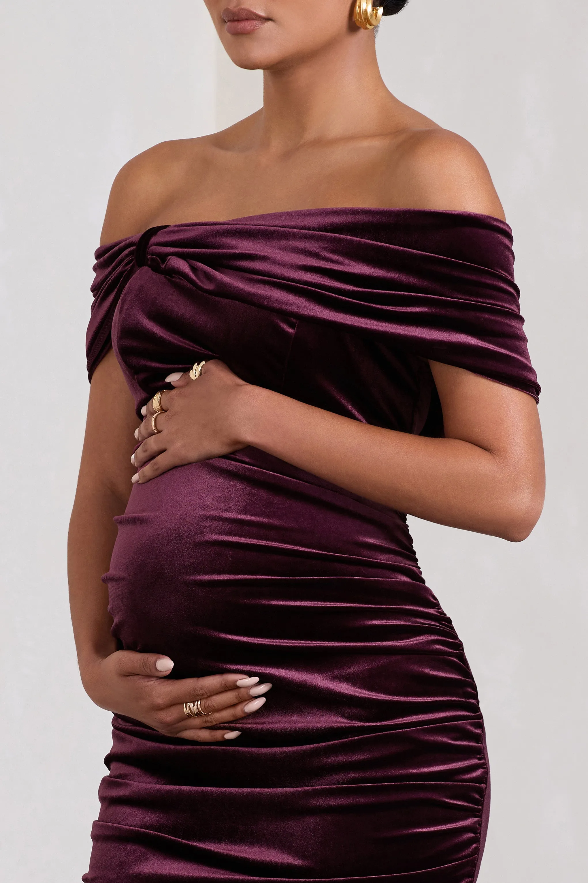 Alyssa | Port Velvet Maternity Bardot Bow Maternity Midi Dress with Ruching