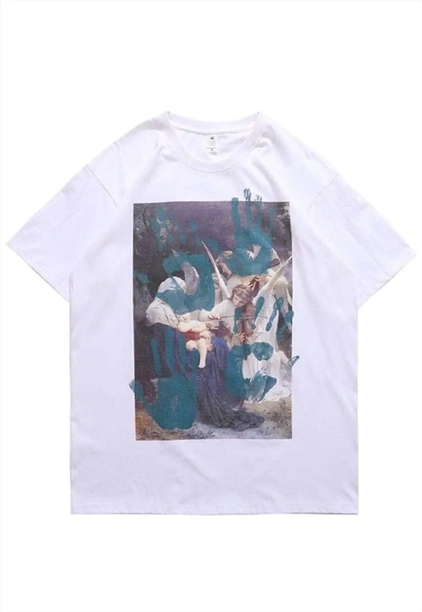 Ancient painting t-shirt retro tee hand print top in white