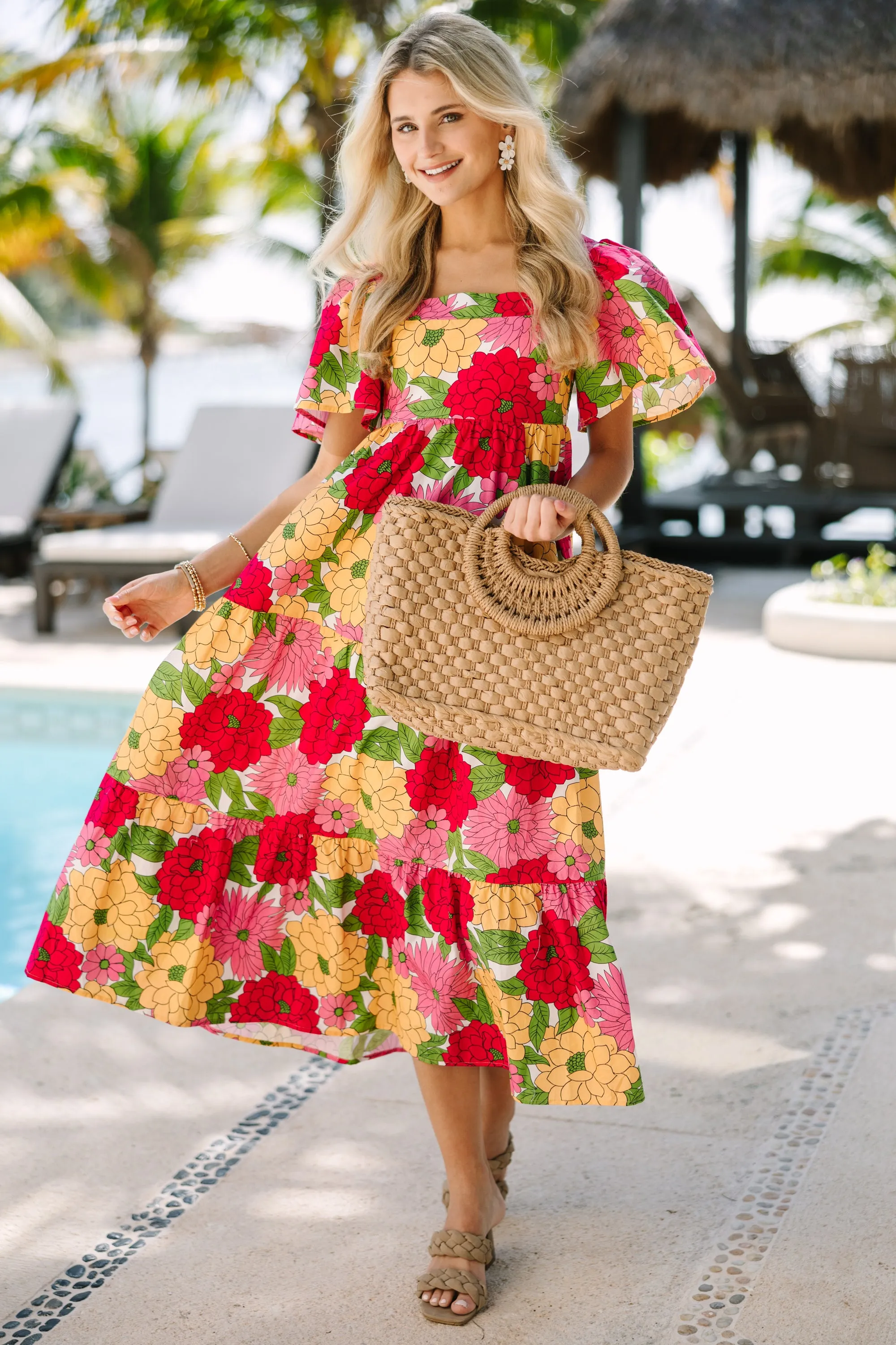 Answer The Call Fuchsia Pink Floral Midi Dress