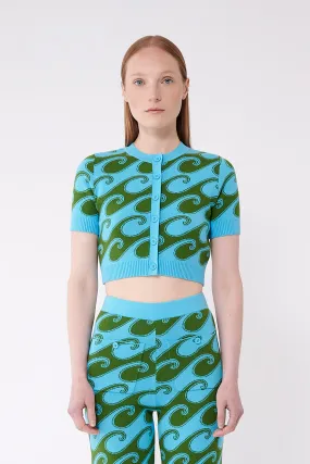 Aqua/Palm Waves Peachskin Short Sleeve Crop Cardigan