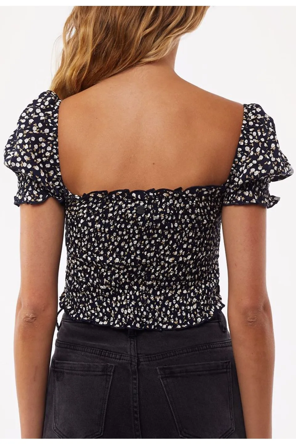 Autumn Dark Ditsy Print Crop Puff Sleeve Top