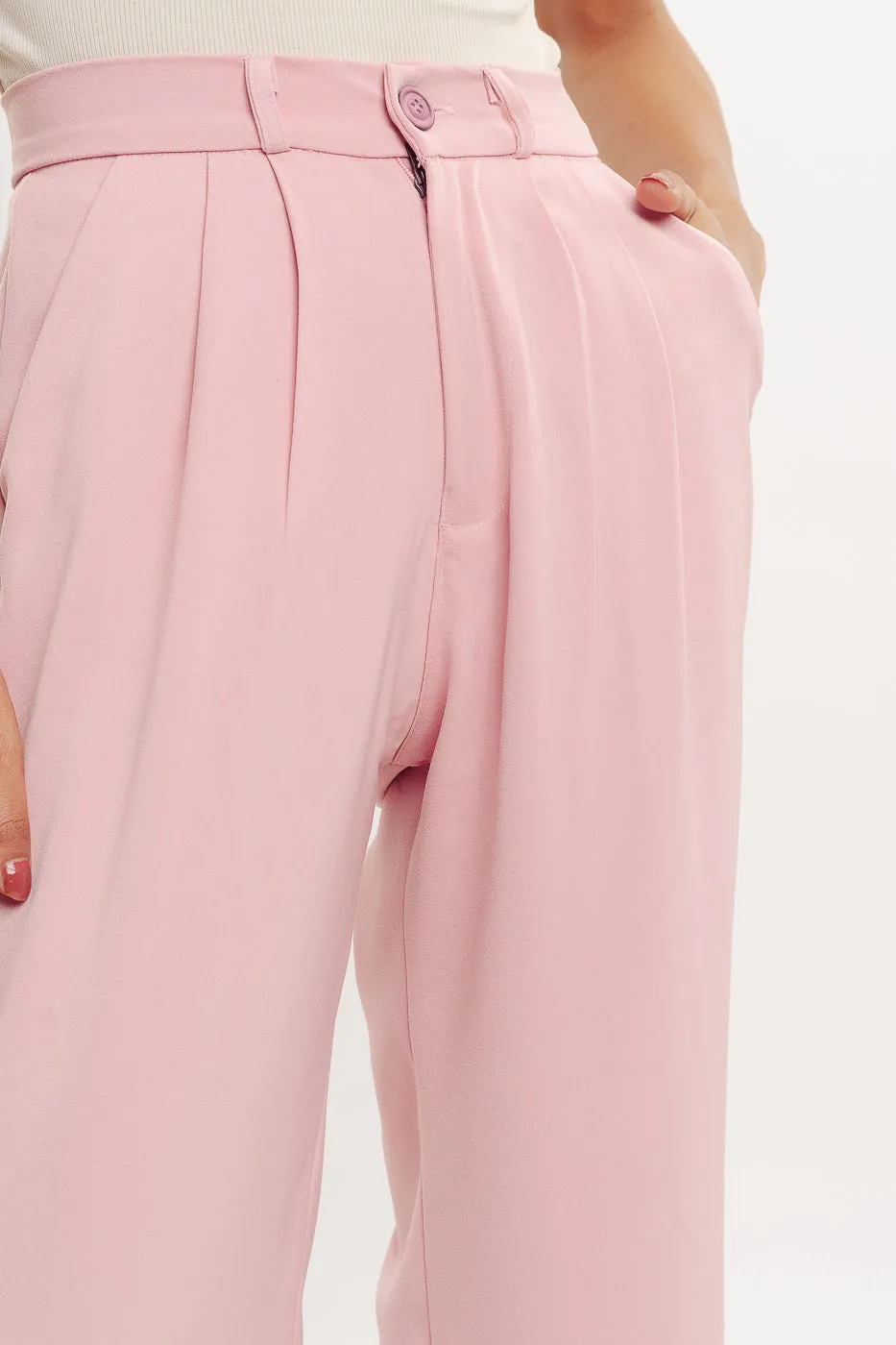 Baby Pink Pleated Straight Fit Korean Pant