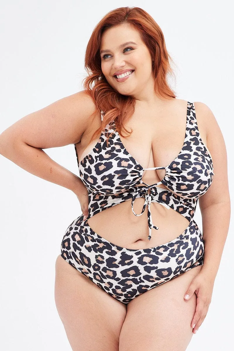 Beige Animal Print Tie Front One Piece Swimsuit