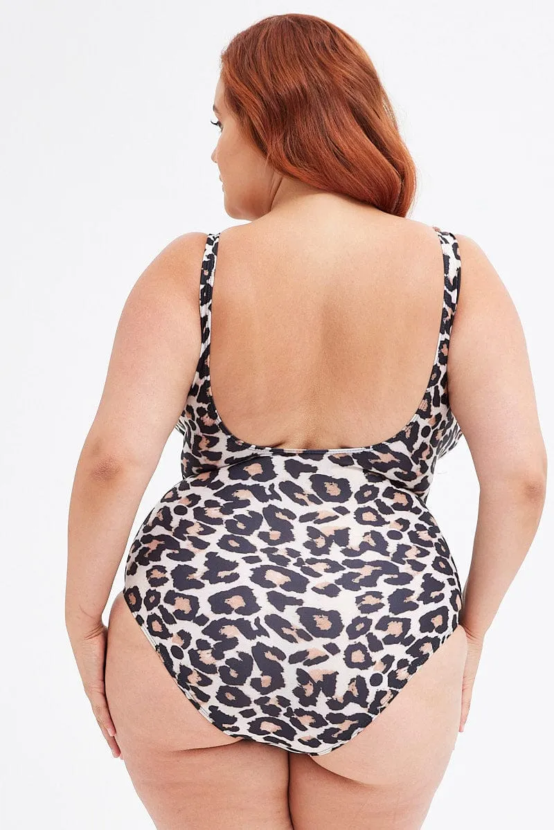 Beige Animal Print Tie Front One Piece Swimsuit