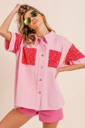 BiBi Sequin Detail Raw Hem Short Sleeve Shirt