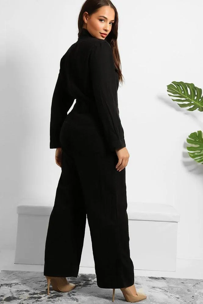 Black Denim Silver Hardware Wide Leg Boiler Jumpsuit