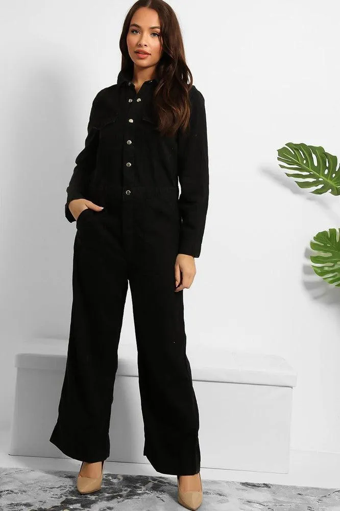 Black Denim Silver Hardware Wide Leg Boiler Jumpsuit