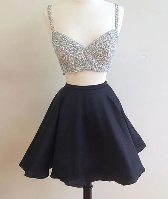 Black two pieces short prom dress, two pieces homecoming dress