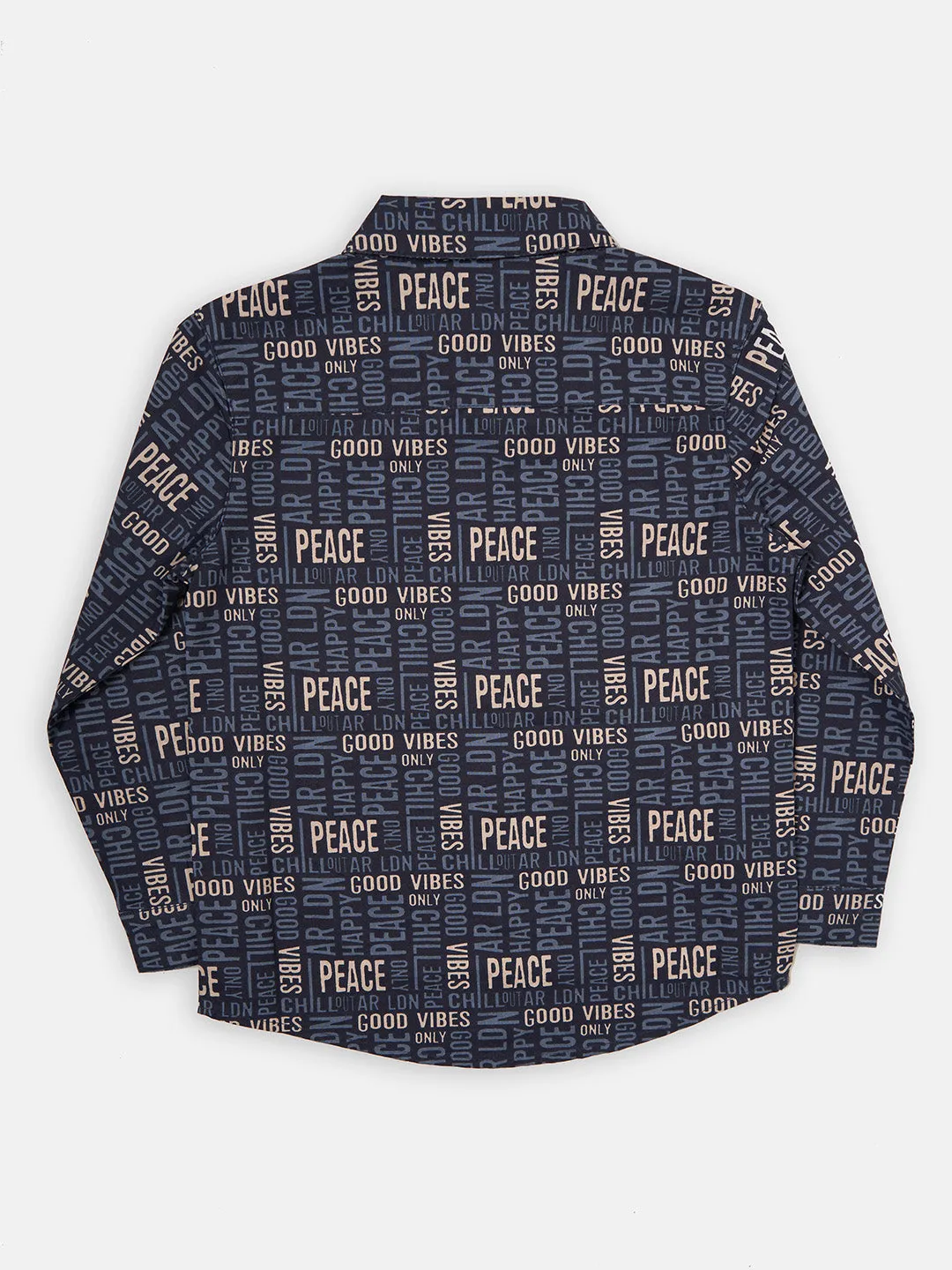 Boys Positive Vibes Printed Full Sleeves Cotton Blue Shirt