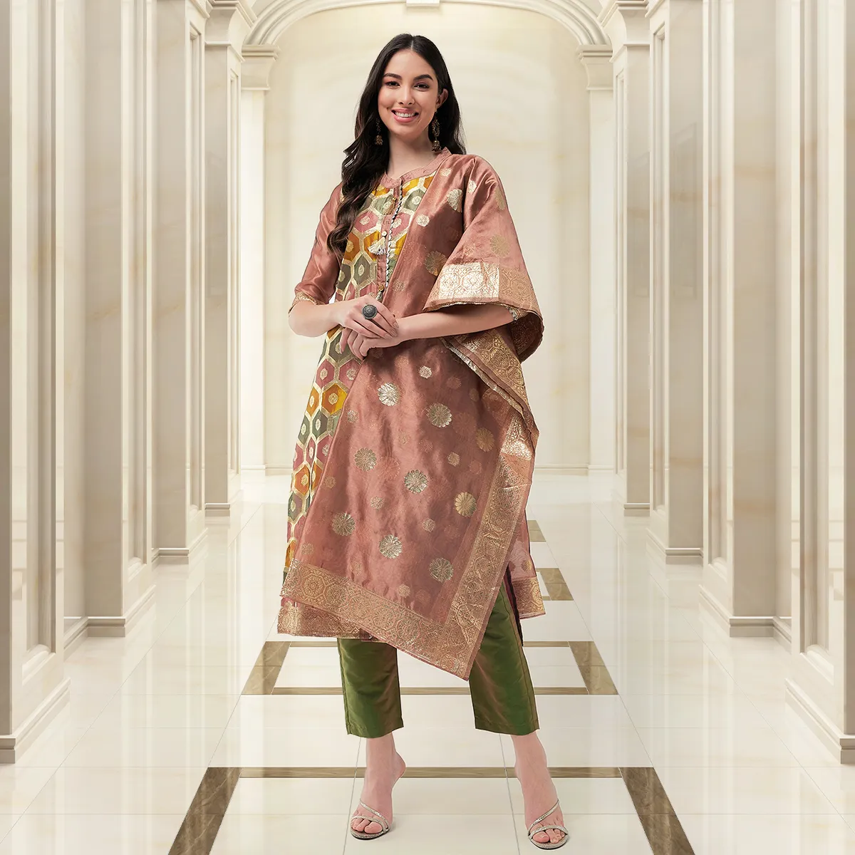 Brocade Jacquard Festive Kurta With Dupatta And Matching Pants