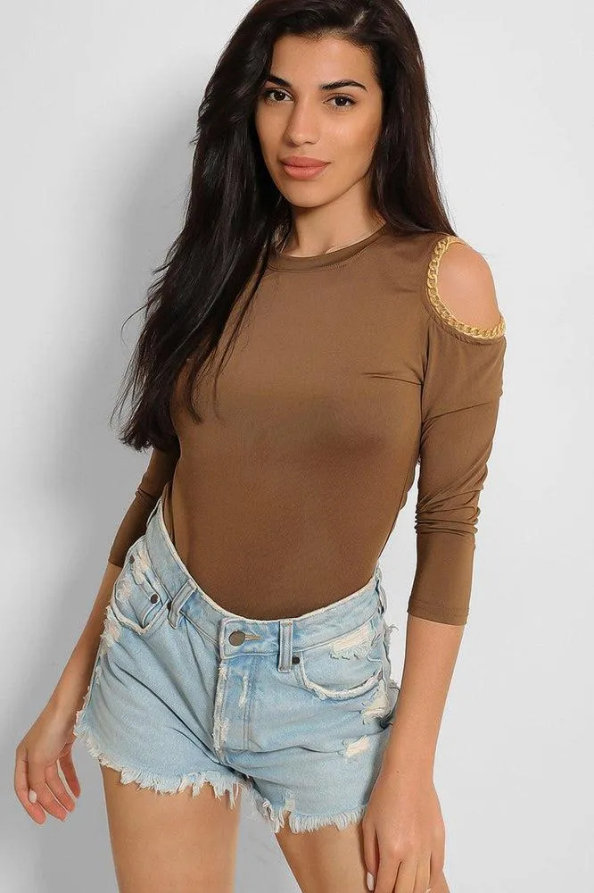 Brown Chain Trim Cold Shoulder Slinky Top