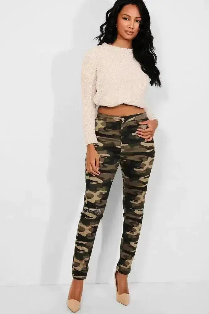 Camouflage Slash Knee Plain Front High Waist Jeans