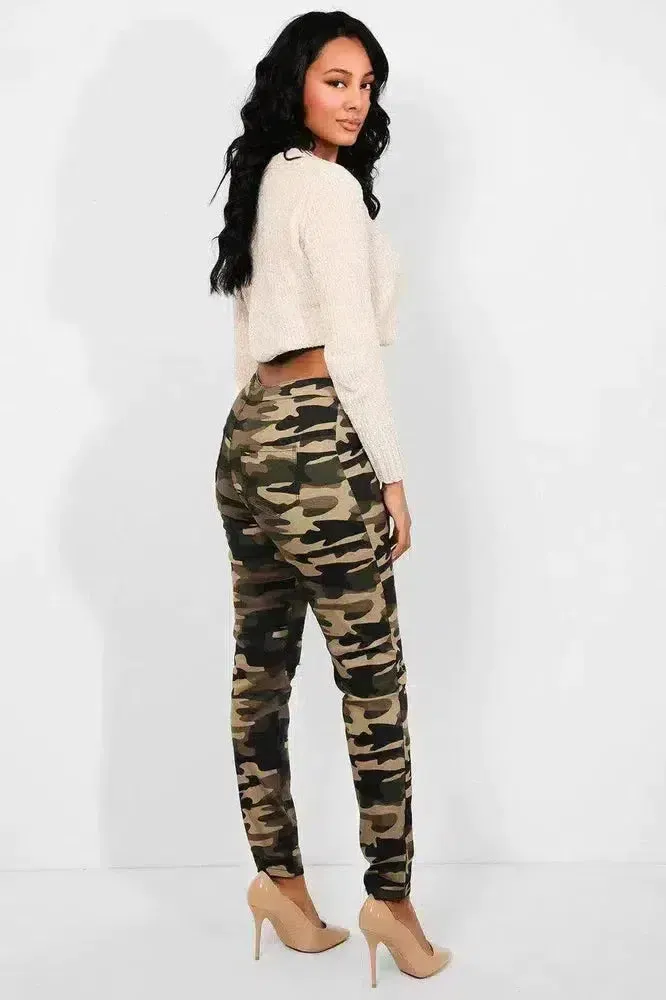 Camouflage Slash Knee Plain Front High Waist Jeans