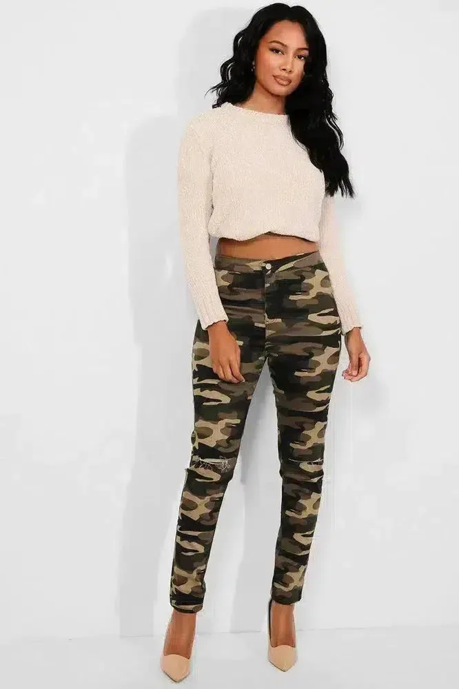 Camouflage Slash Knee Plain Front High Waist Jeans