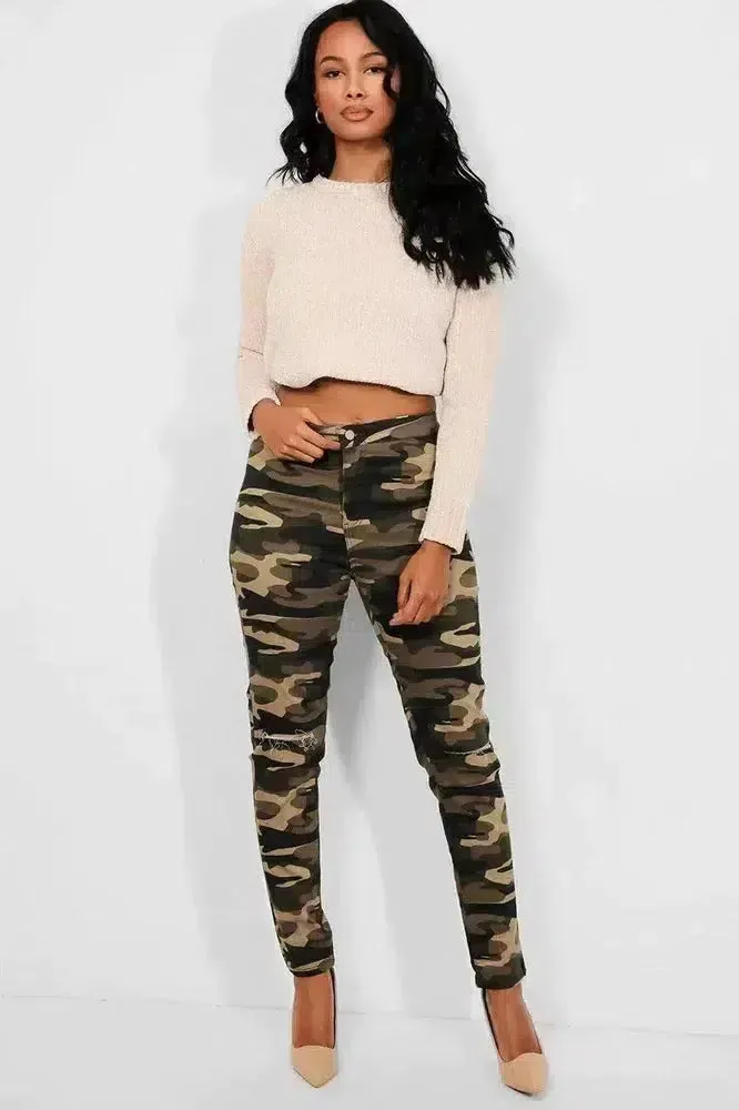 Camouflage Slash Knee Plain Front High Waist Jeans