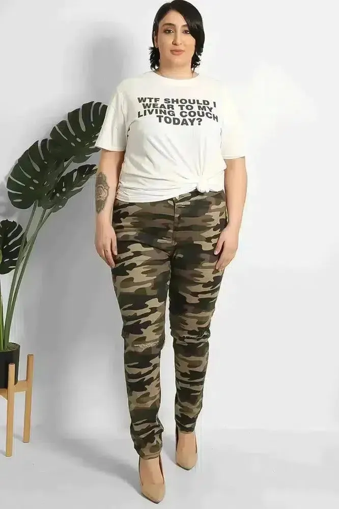 Camouflage Slash Knee Plain Front High Waist Jeans