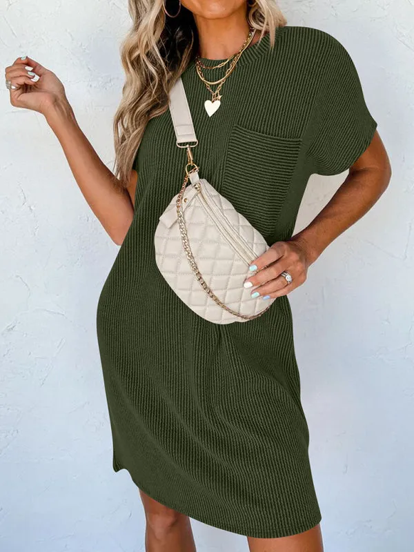 Casual contrasting wavy striped short-sleeved pocket dress