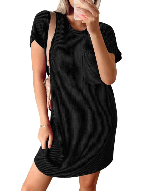 Casual contrasting wavy striped short-sleeved pocket dress