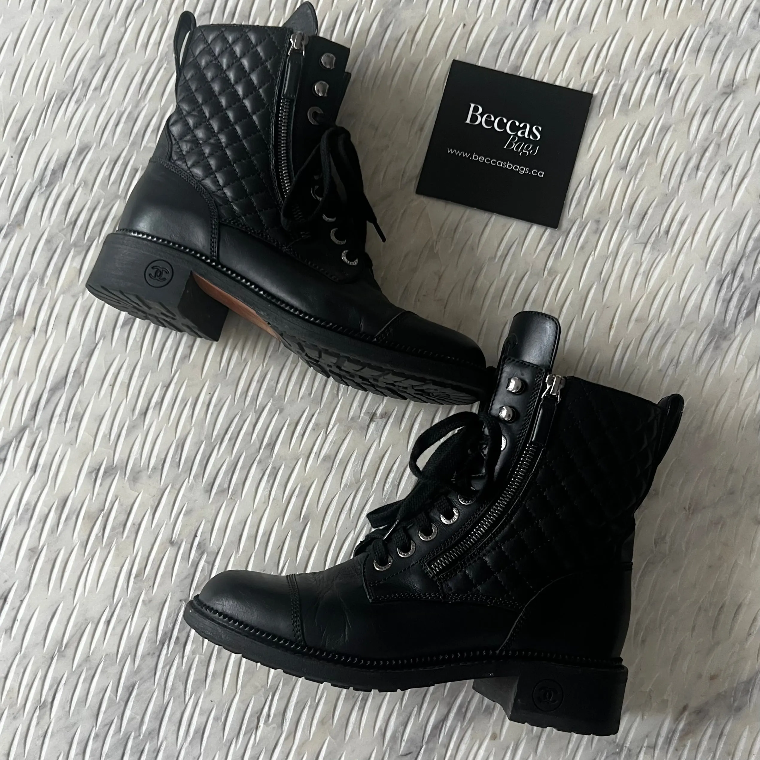 Chanel CC Quilted Lace Up Combat Boots