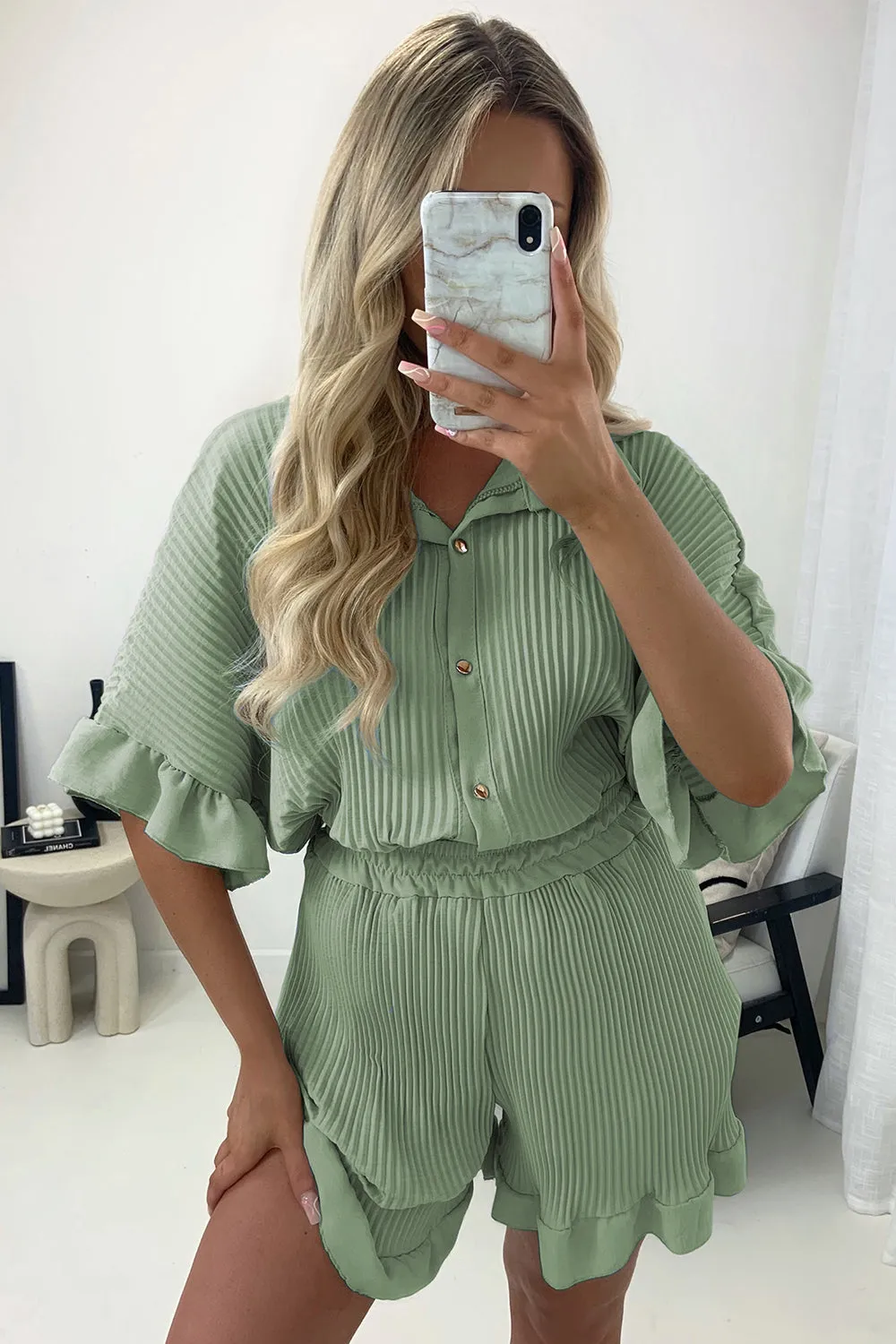 Colette Sage Plisse Pleated Frill Hem Shirt and Shorts Co-Ord Set