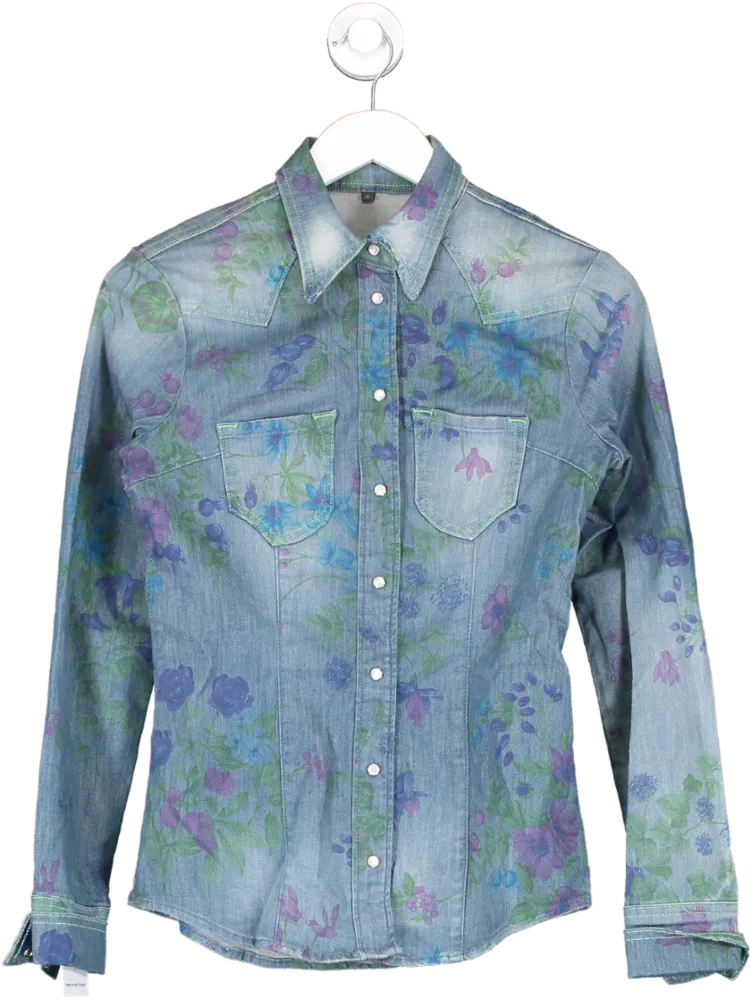 Don't Cry Milan Blue Floral Printed Denim Shirt UK 6