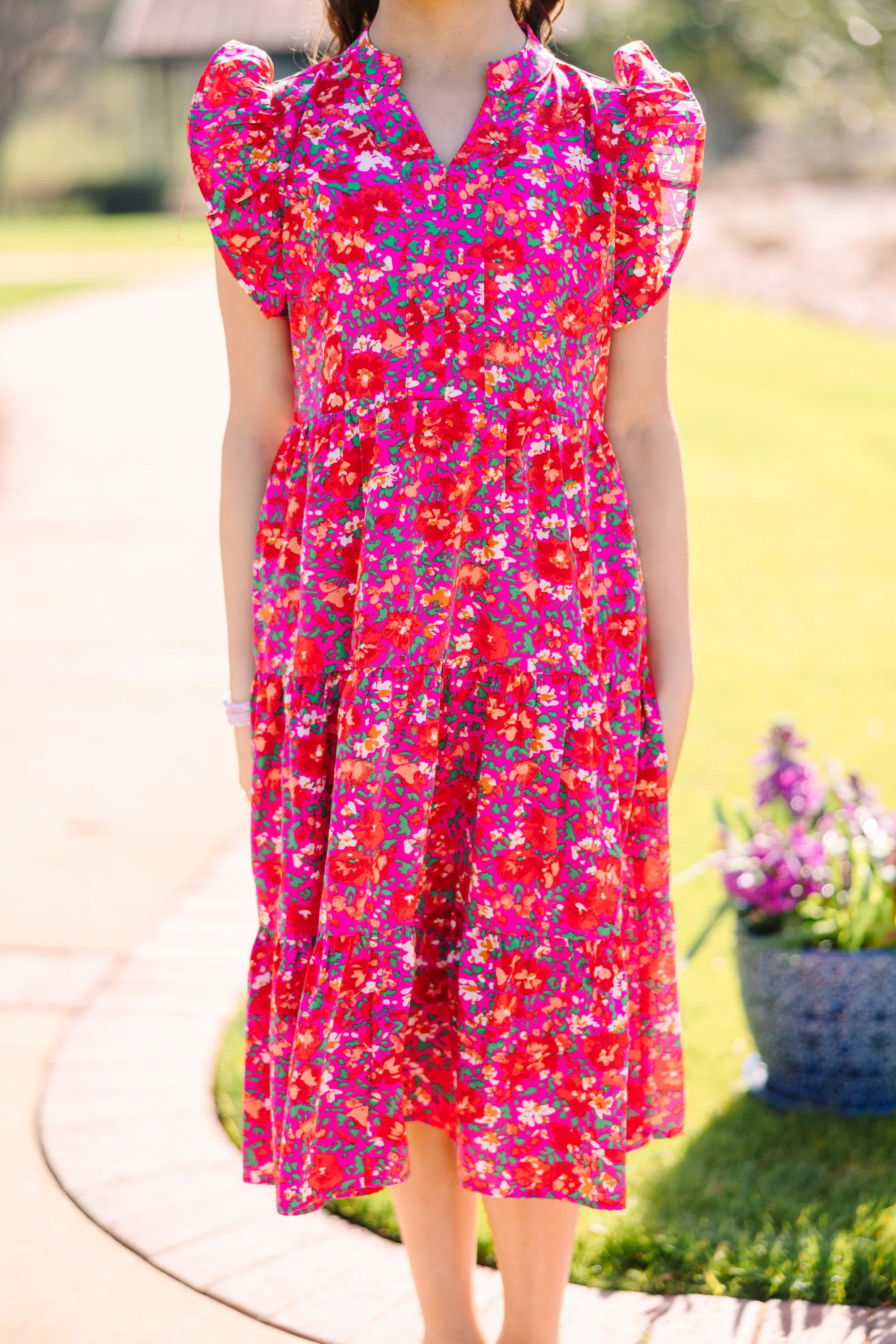 Girls: Make It Your Own Fuchsia Pink Floral Tiered Midi Dress