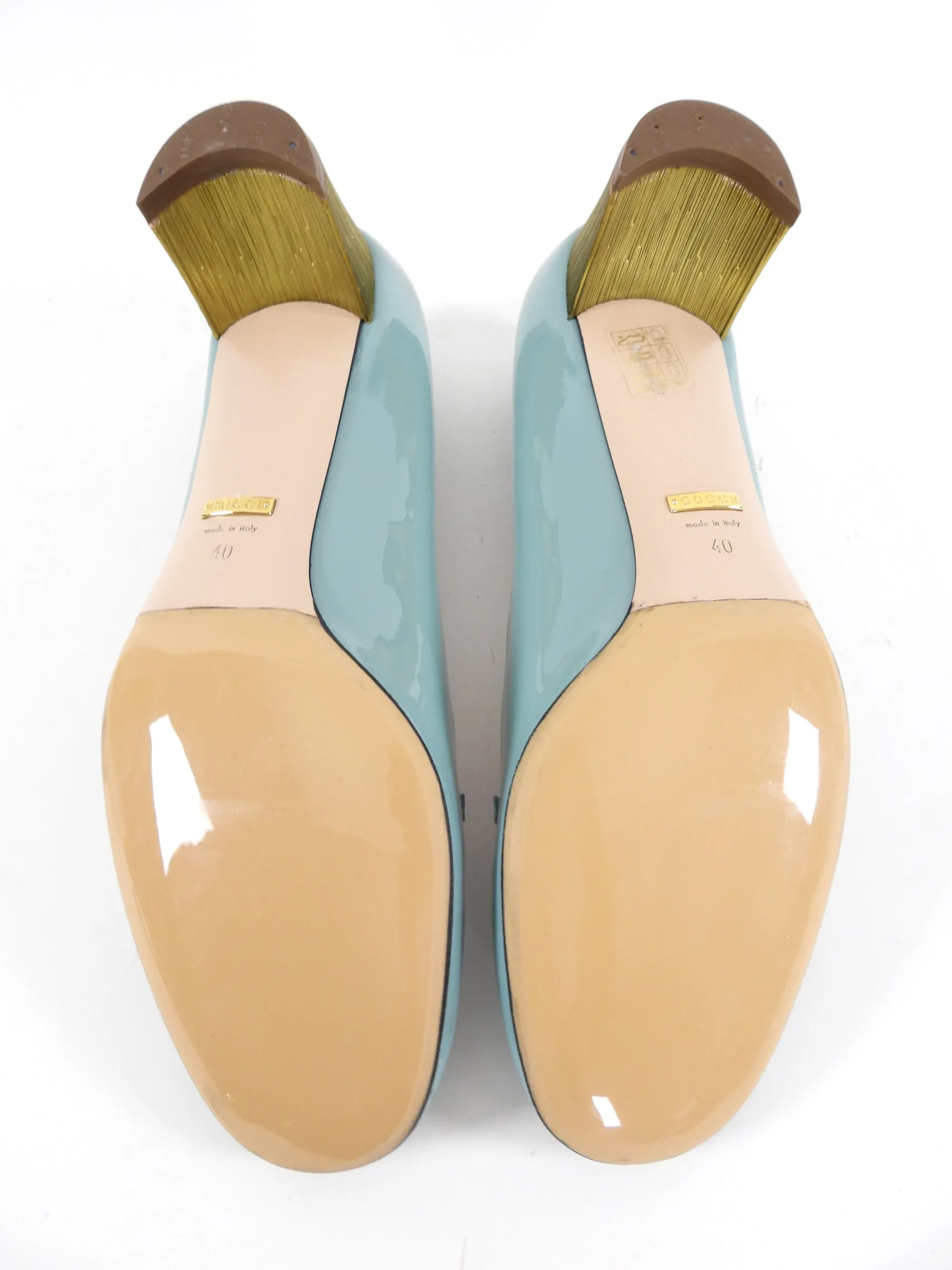 Gucci Blue Patent Arielle Pumps with Pearl and Gold Heel - 40