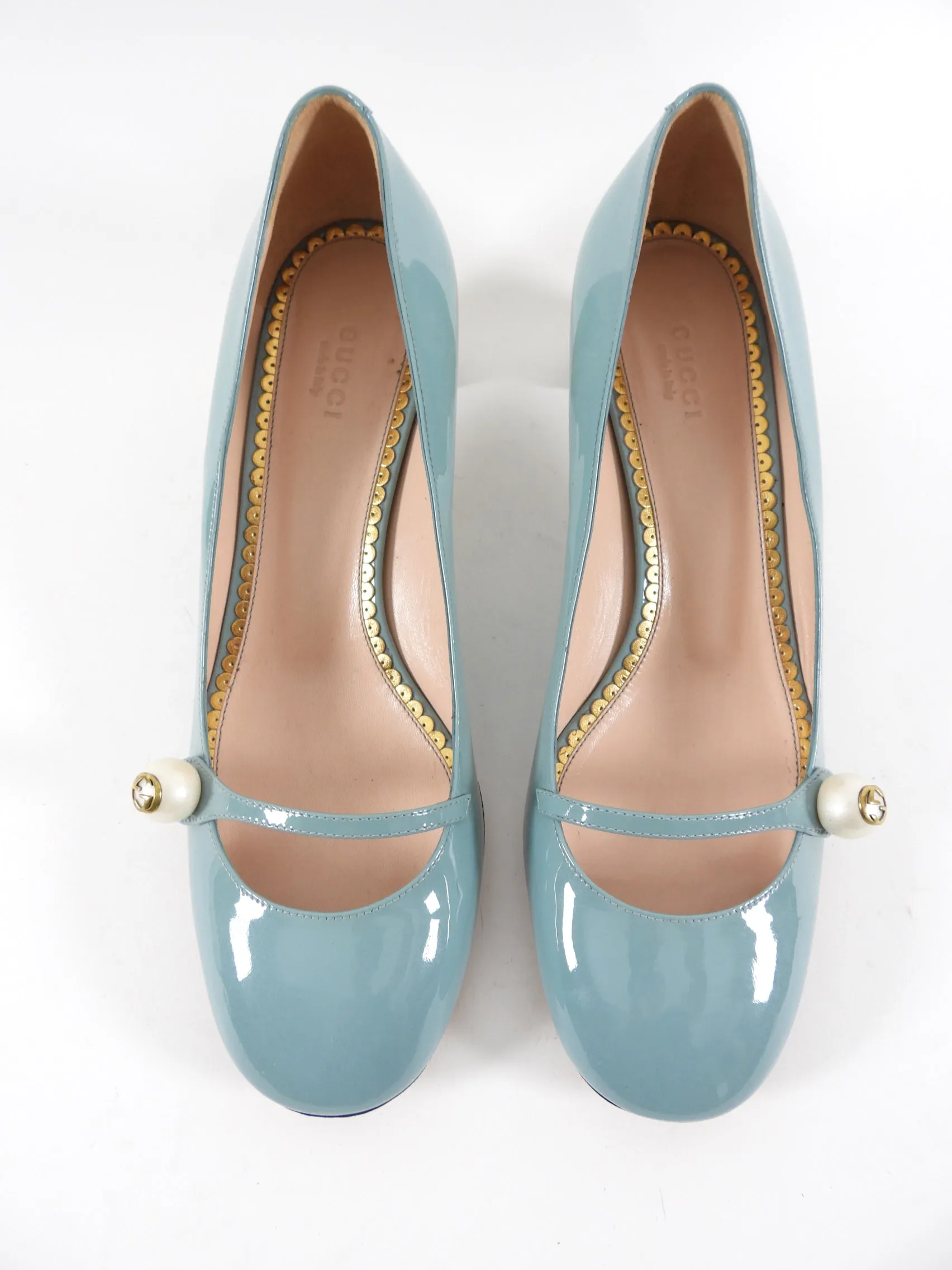 Gucci Blue Patent Arielle Pumps with Pearl and Gold Heel - 40