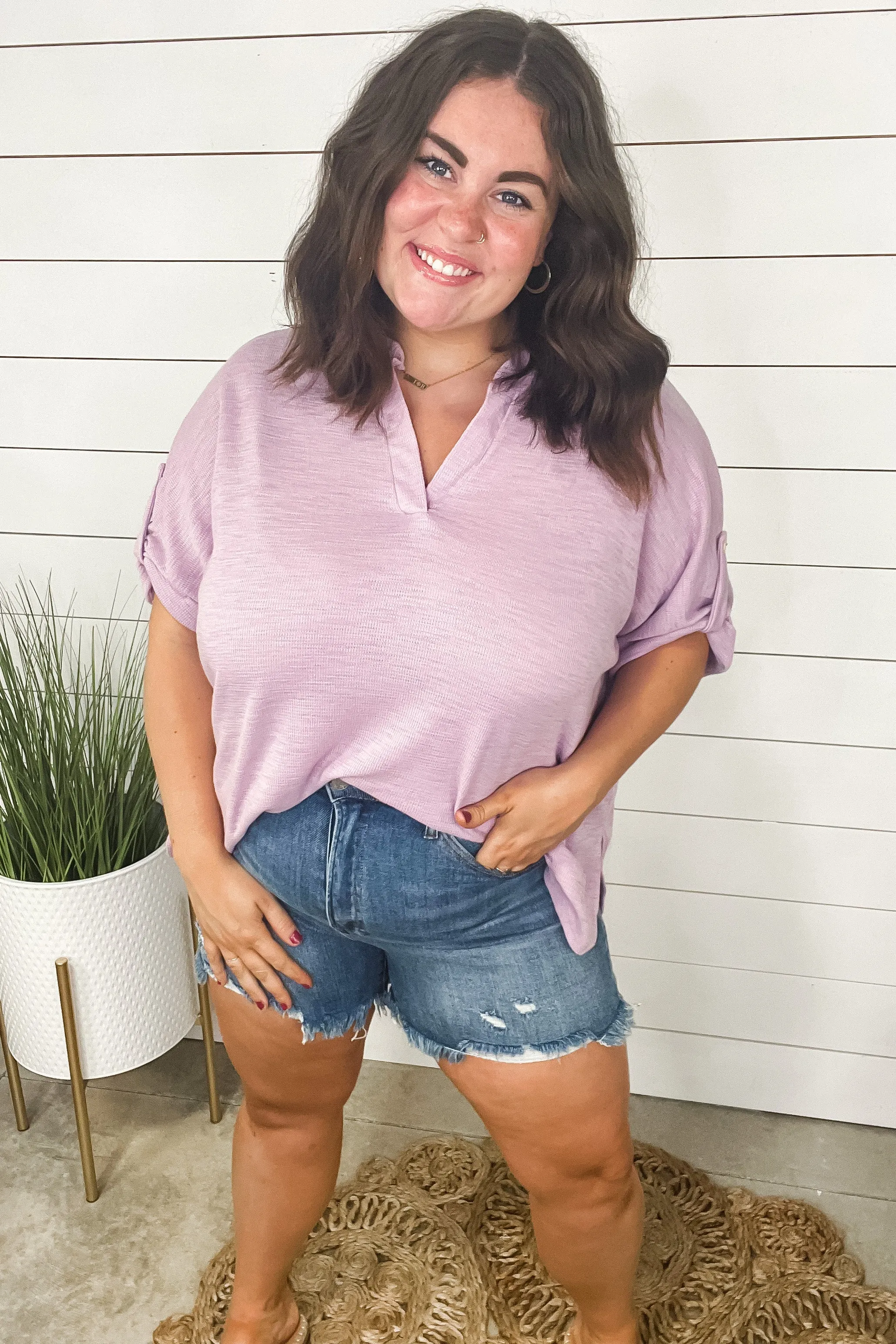 Here To Stay- Lilac V-Neck Top w/ Rolled Sleeve Detail