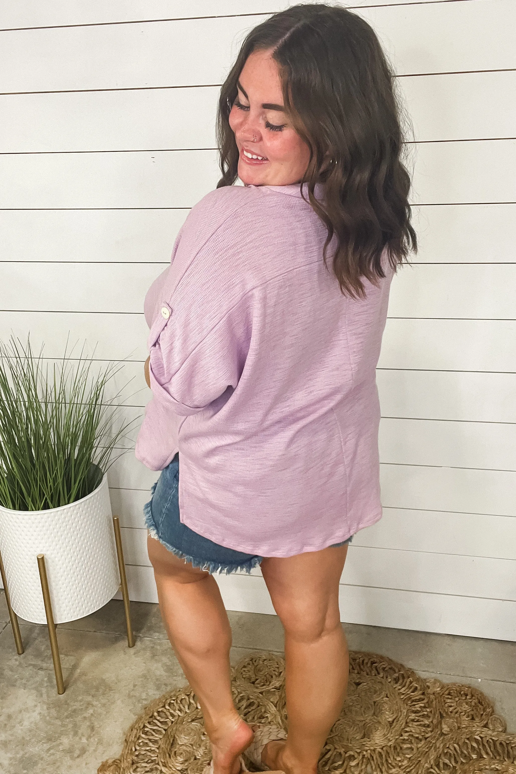 Here To Stay- Lilac V-Neck Top w/ Rolled Sleeve Detail