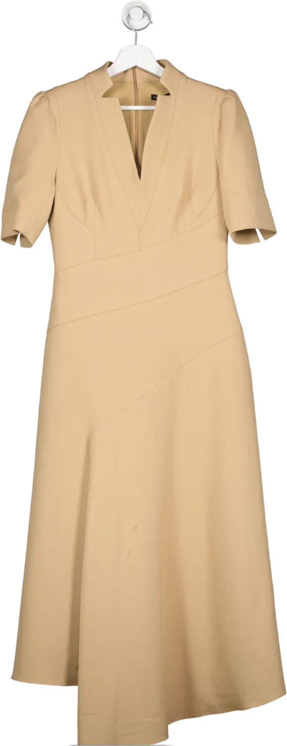 Karen Millen Beige Tailored Structured Crepe Forever Drape Detail Short Sleeve Midi Dress UK 10