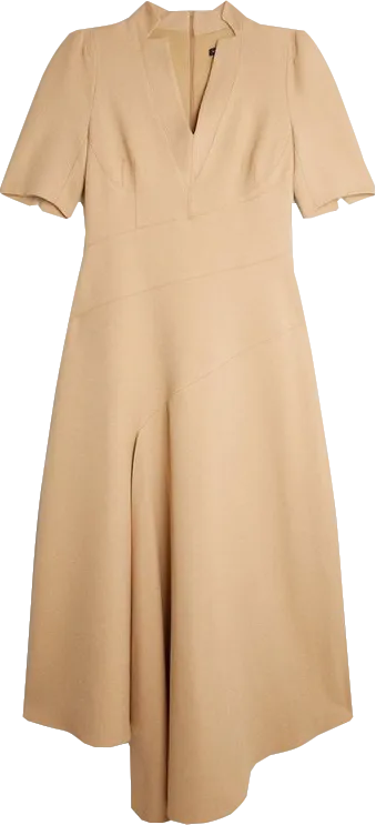 Karen Millen Beige Tailored Structured Crepe Forever Drape Detail Short Sleeve Midi Dress UK 10