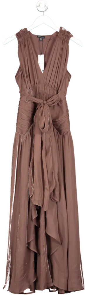 Karen Millen Brown Lydia Millen Tall Crinkle Satin Chiffon Woven Maxi Dress UK 8