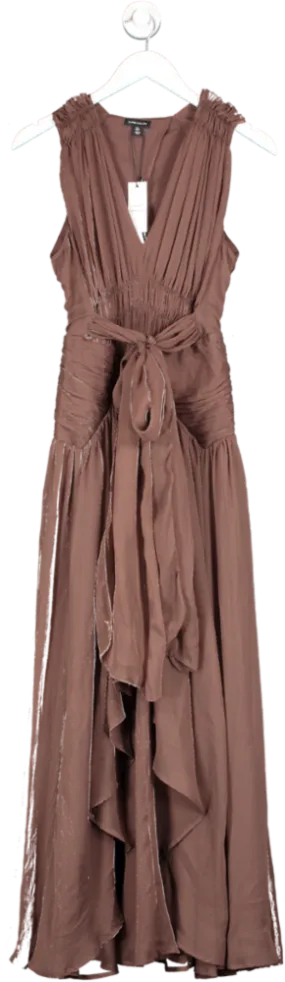 Karen Millen Brown Lydia Millen Tall Crinkle Satin Chiffon Woven Maxi Dress UK 8