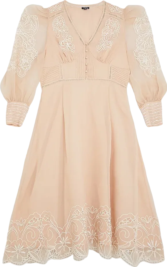 Karen Millen Nude Blush Cutwork Organdie Buttoned Maxi Dress UK 6