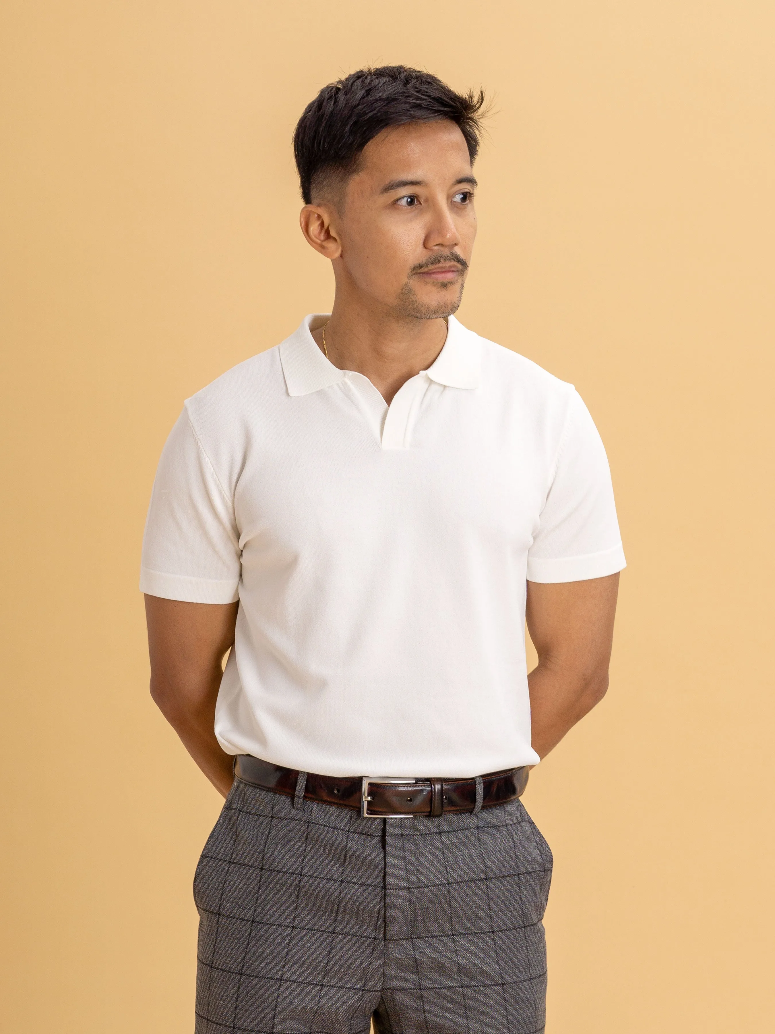 Knit  Polo Tee - White Open Collar