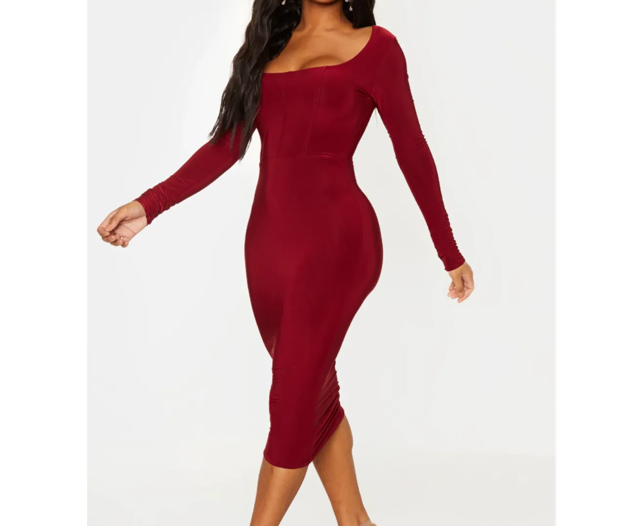 Missguided Red Shape Burgundy Slinky Panelled Long Sleeve Midi Dress Bnwt UK 10