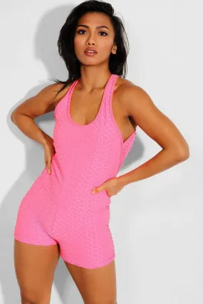 Neon Pink Ruched Crisscross Back Playsuit