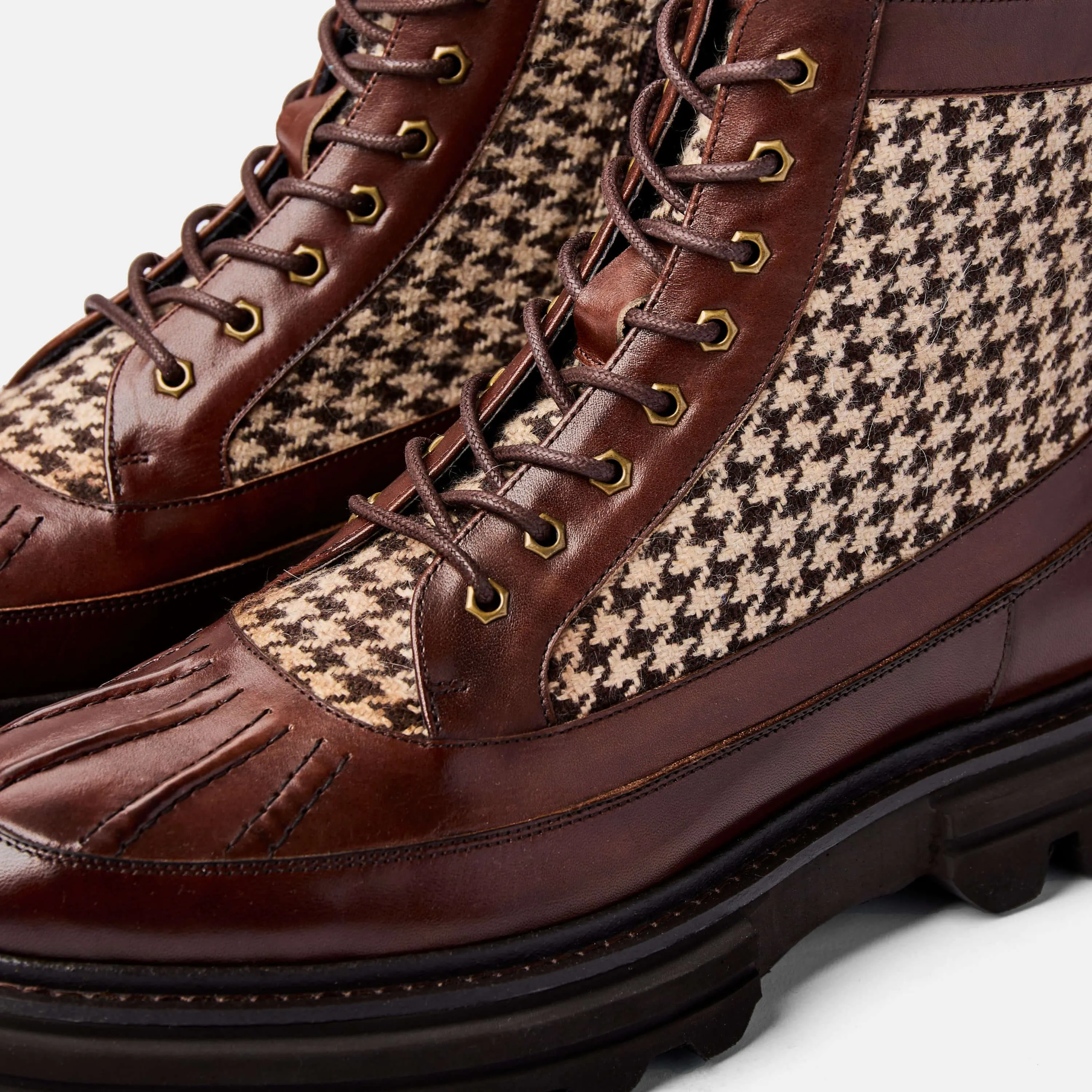 Odin Mahogany Houndstooth Leather Combat Boots