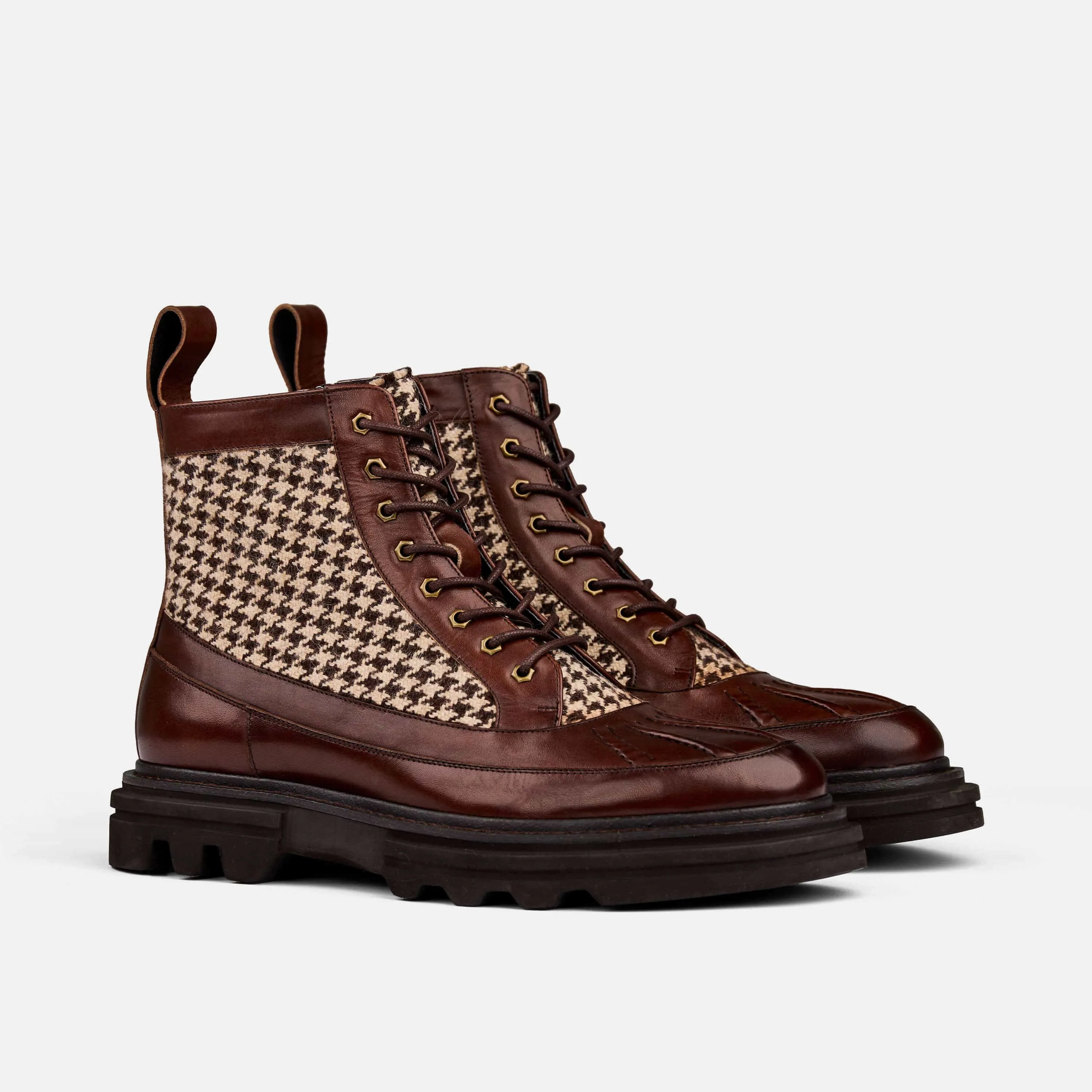 Odin Mahogany Houndstooth Leather Combat Boots