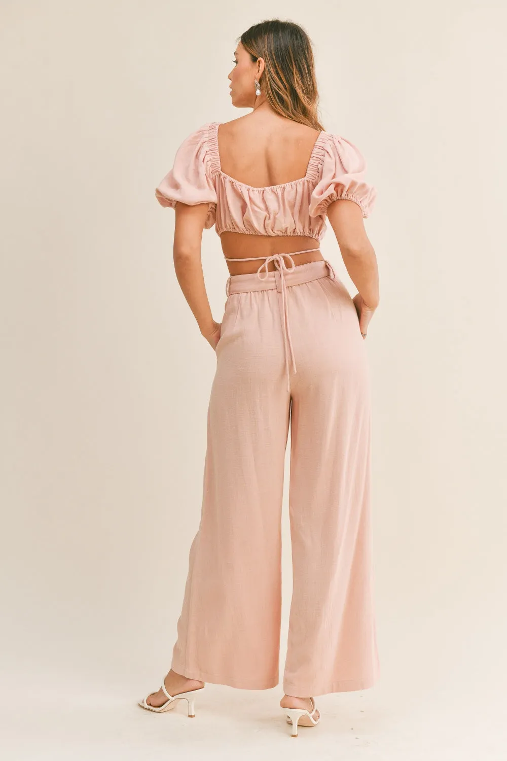 Pink Pleated Linen Pants and Cropped Top Set