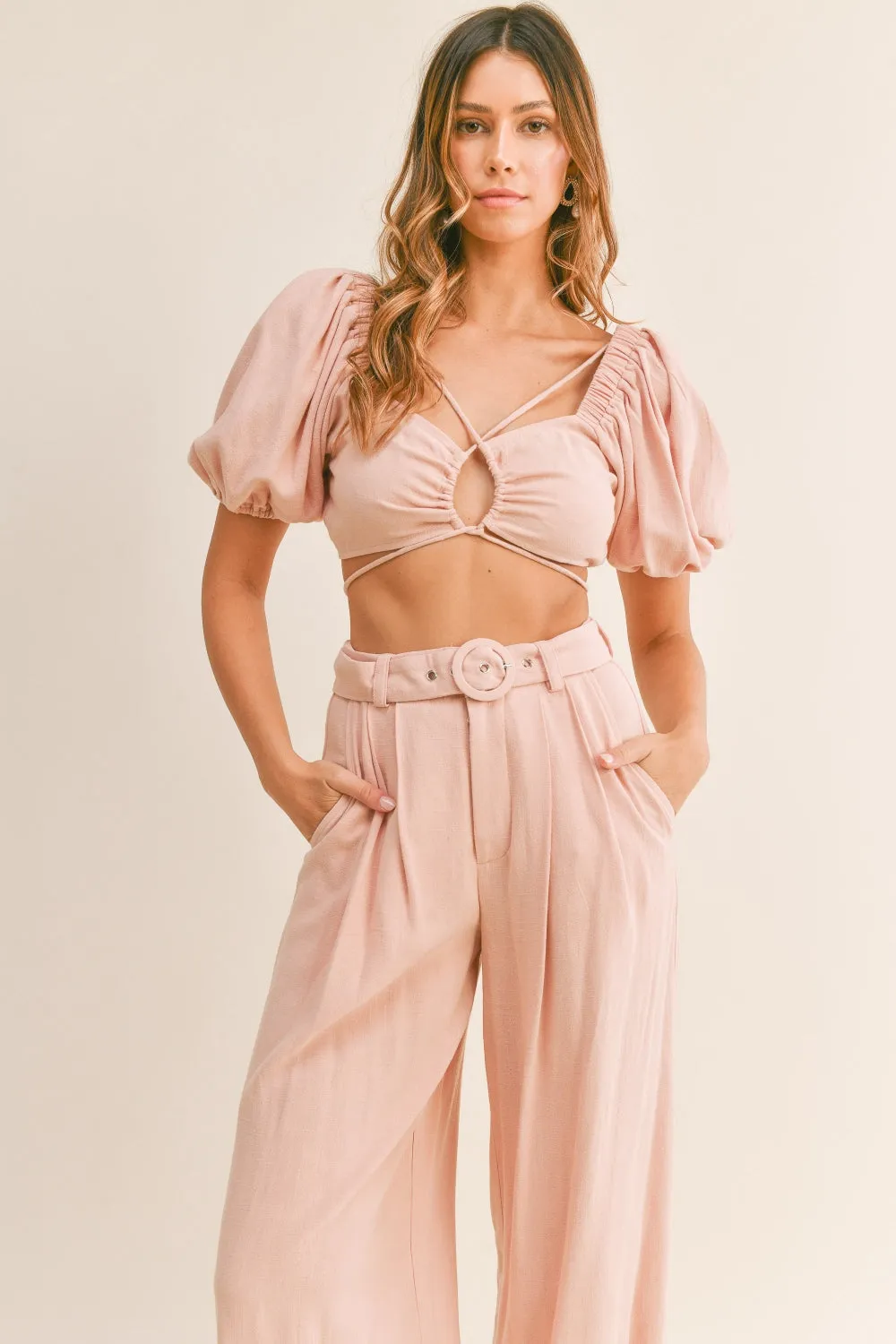 Pink Pleated Linen Pants and Cropped Top Set