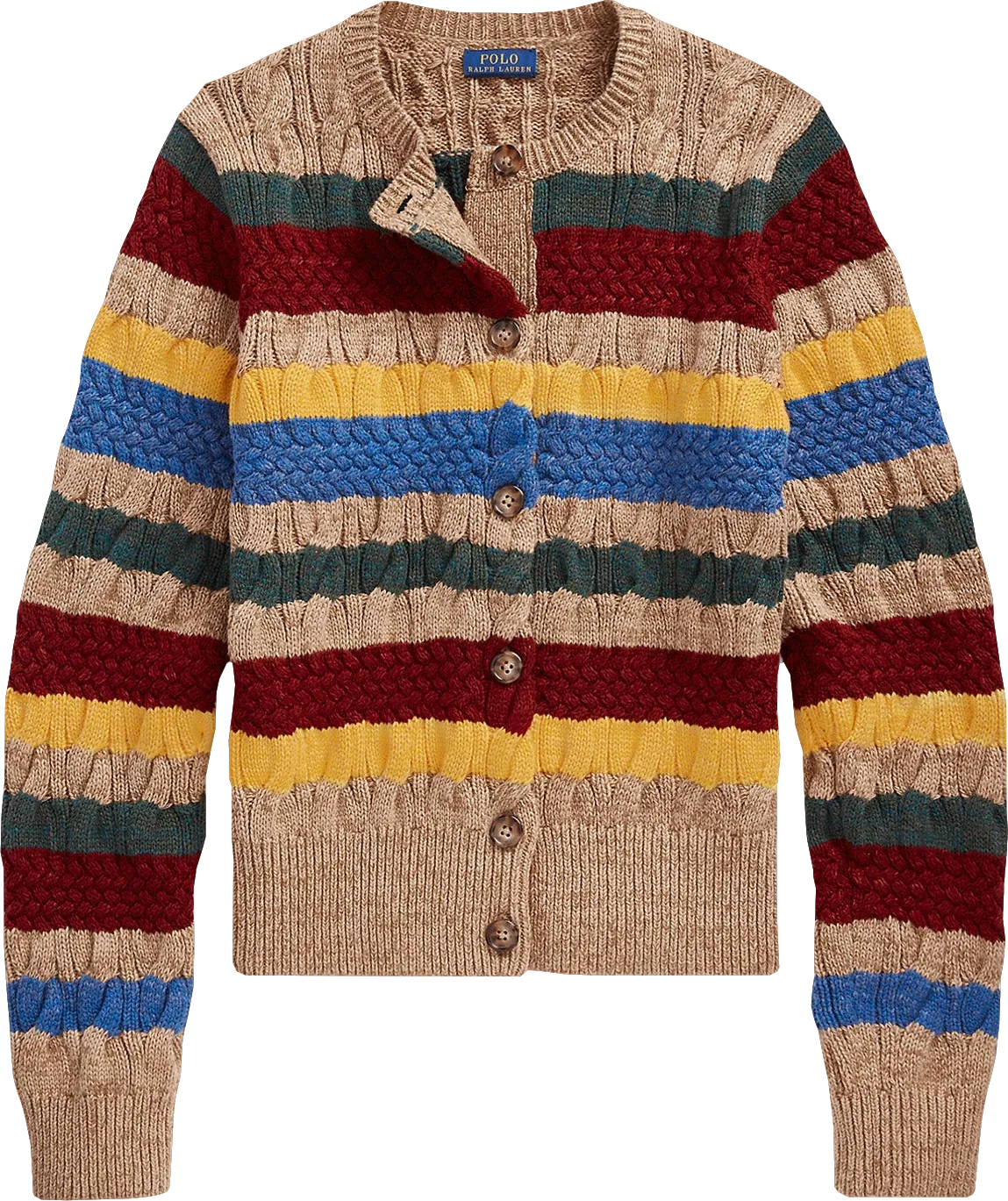 Polo Ralph Lauren Dark Beige Striped Cotton/wool Blend Striped Cable Knit Cardigan Bnwt UK XXS