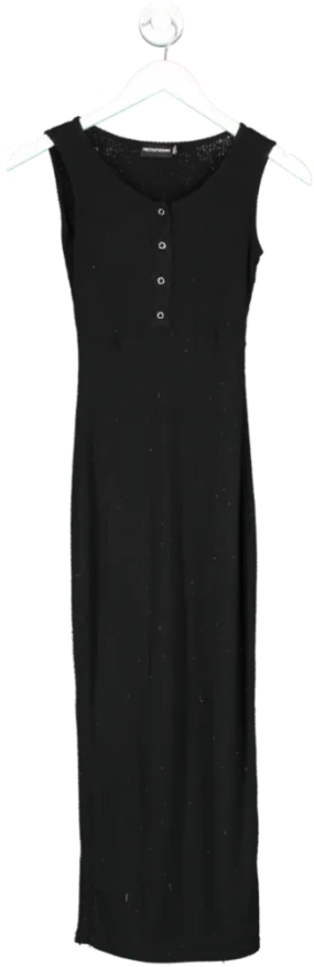 PrettyLittleThing Black Brushed Rib Button Front Midaxi Dress UK 8